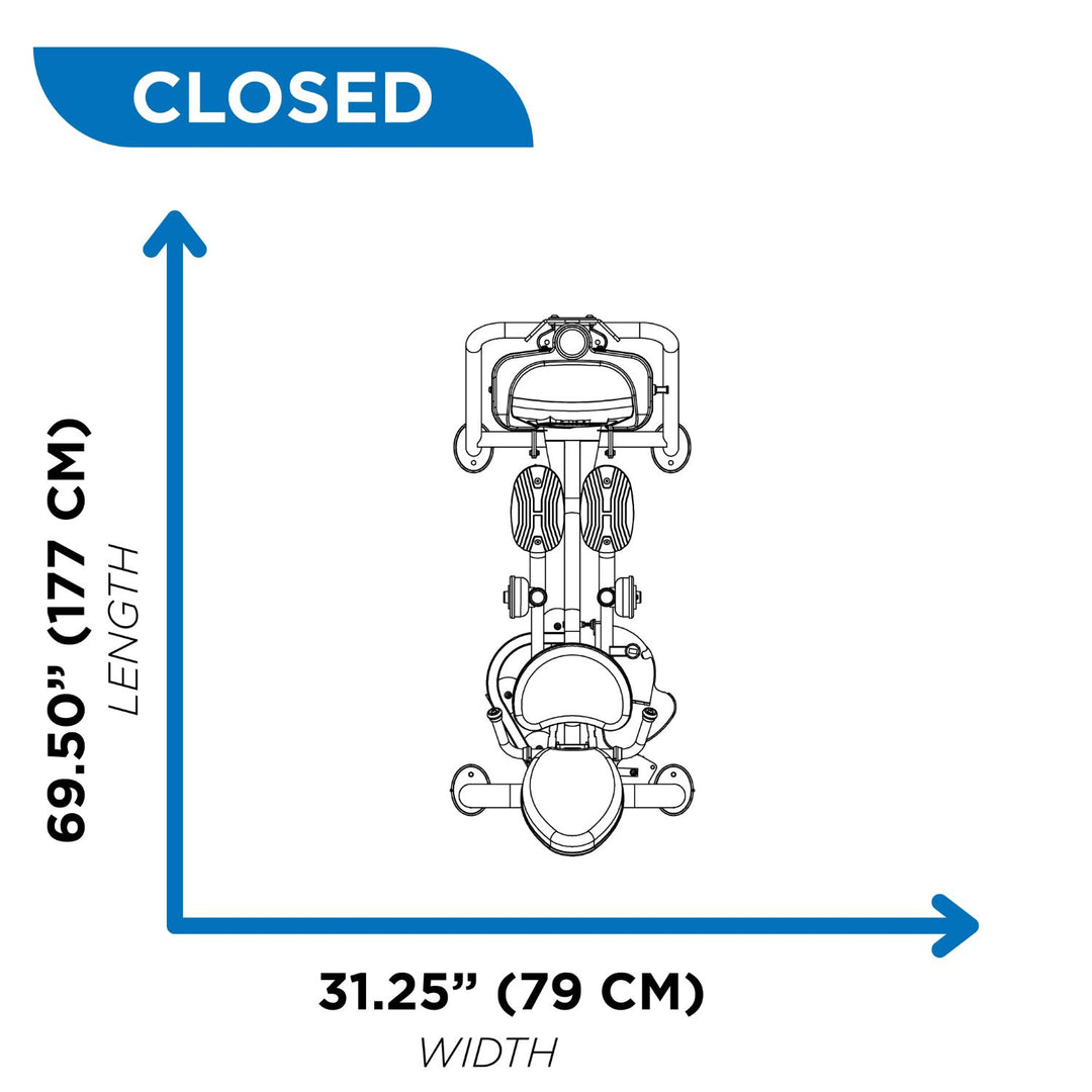 diagram showing inner outer thigh machine dimensions in closed position for space efficiency