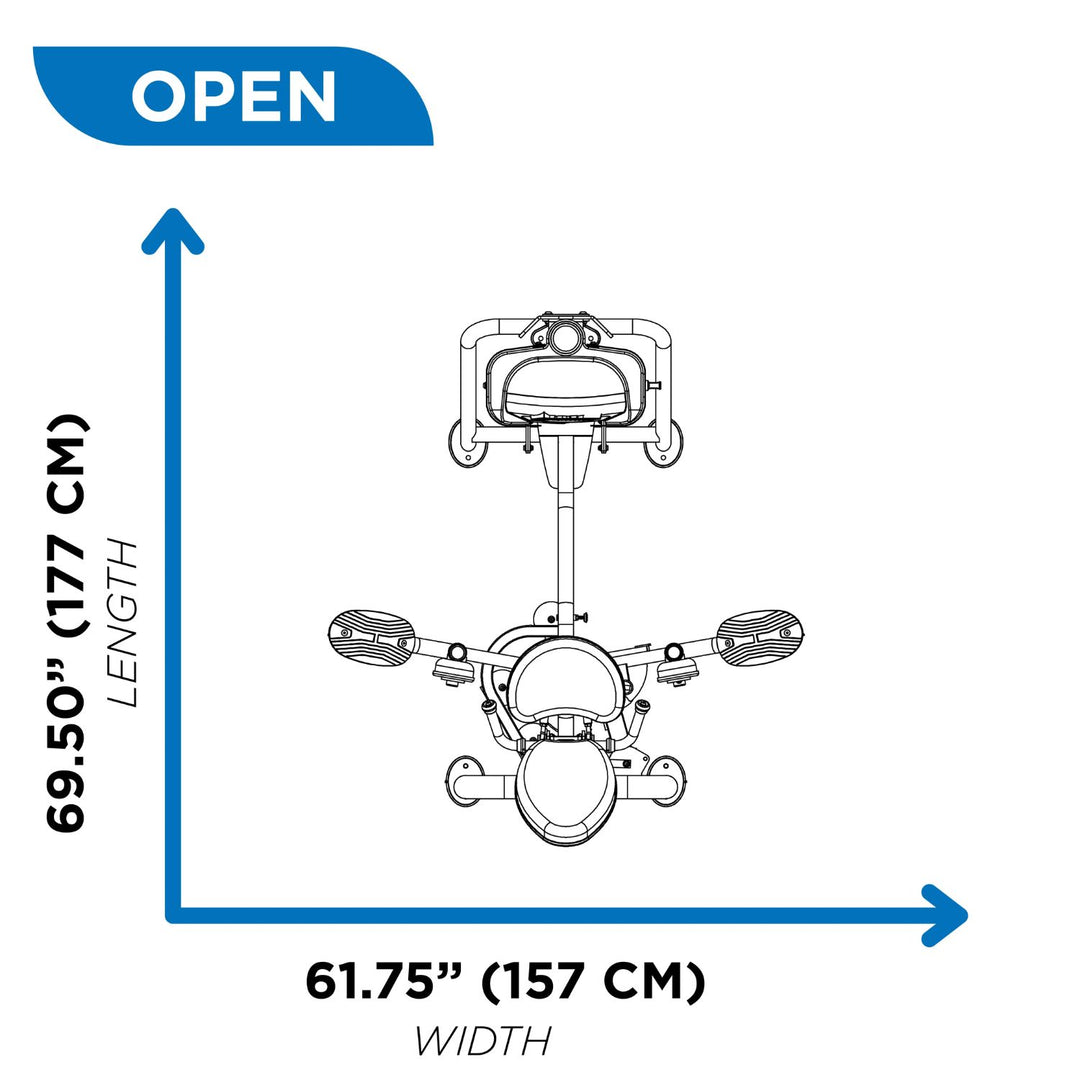 diagram showing inner outer thigh machine dimensions in open position for gym planning