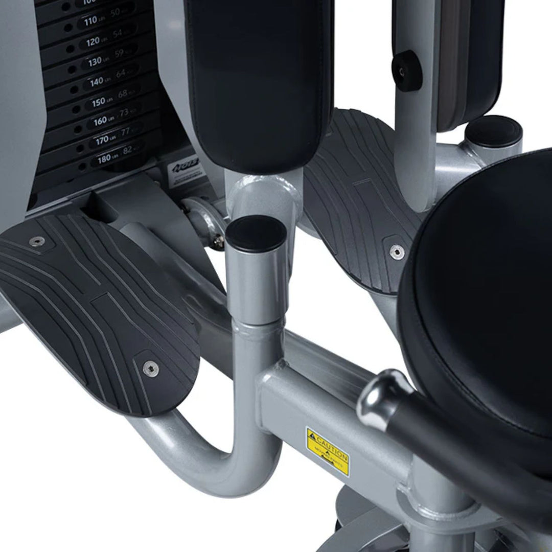 close up of footrests and platform on inner outer thigh machine for stable positioning