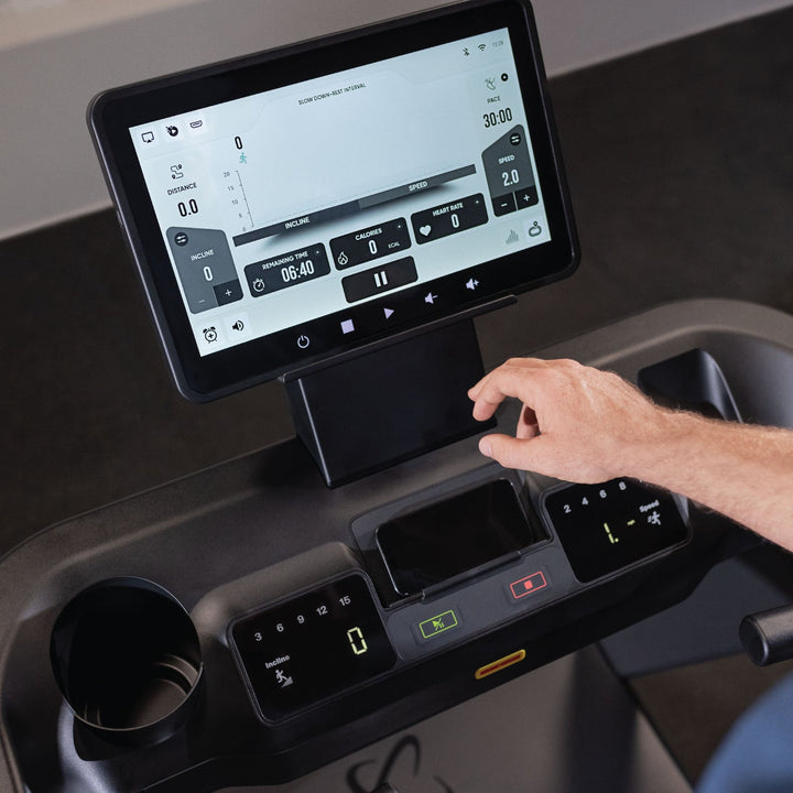Inspire Series T7S treadmill with 15.6” multimedia touchscreen display includes pre-loaded Netflix, Disney+, YouTube, and 22 other apps