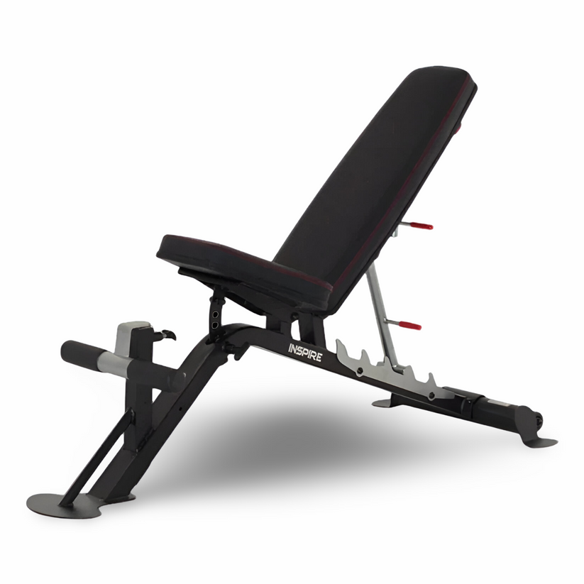 Inspire adjustable weight bench with incline and flat positions, padded seat, and sturdy steel frame for versatile strength training exercises