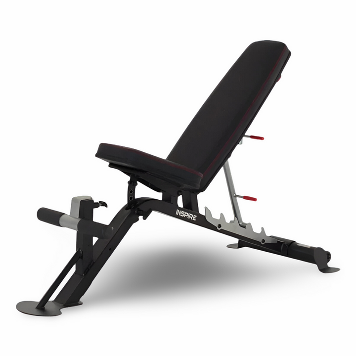 Inspire adjustable weight bench with incline and flat positions, padded seat, and sturdy steel frame for versatile strength training exercises
