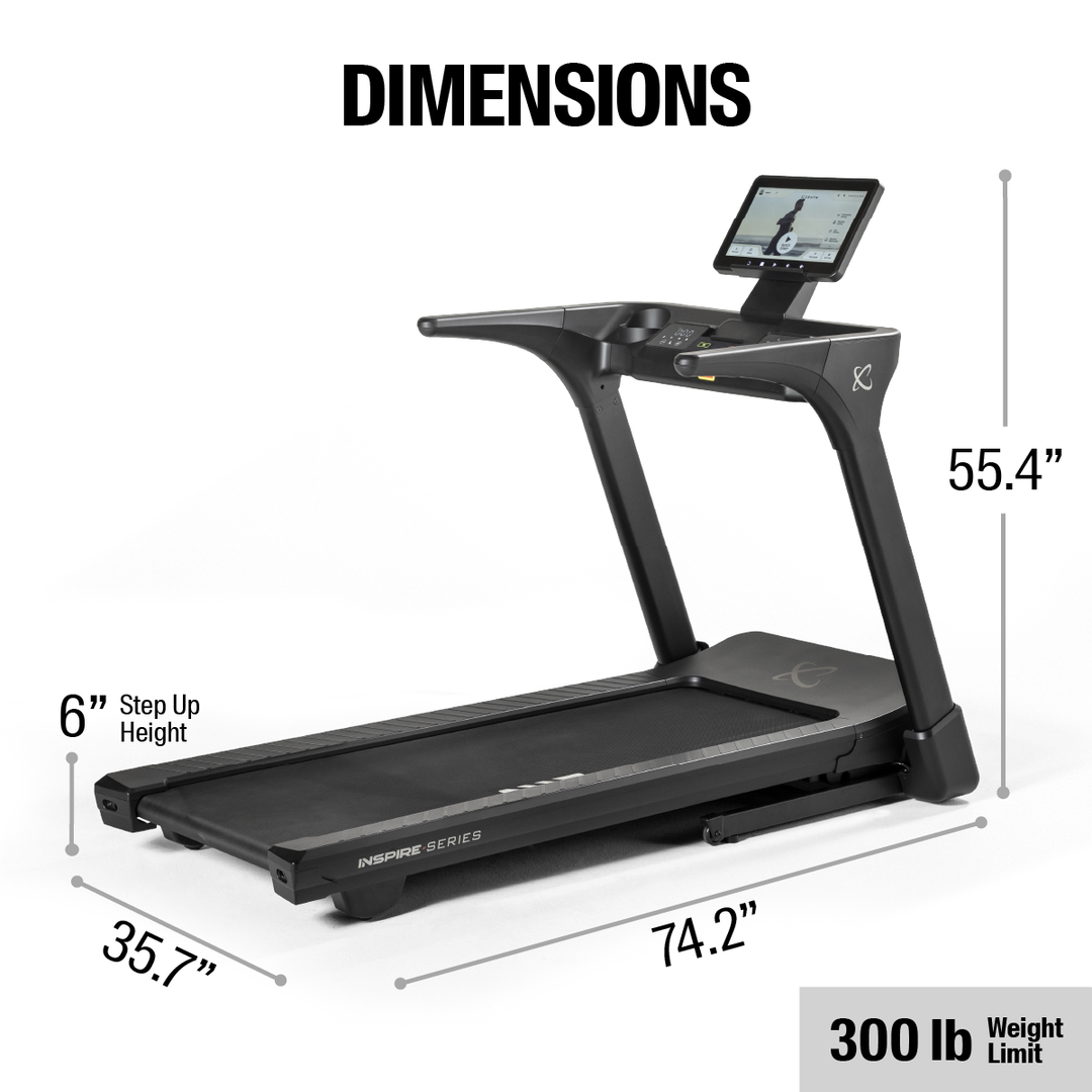 Inspire Centr T5S treadmill dimensions diagram showing length, width, and height for home fitness space planning