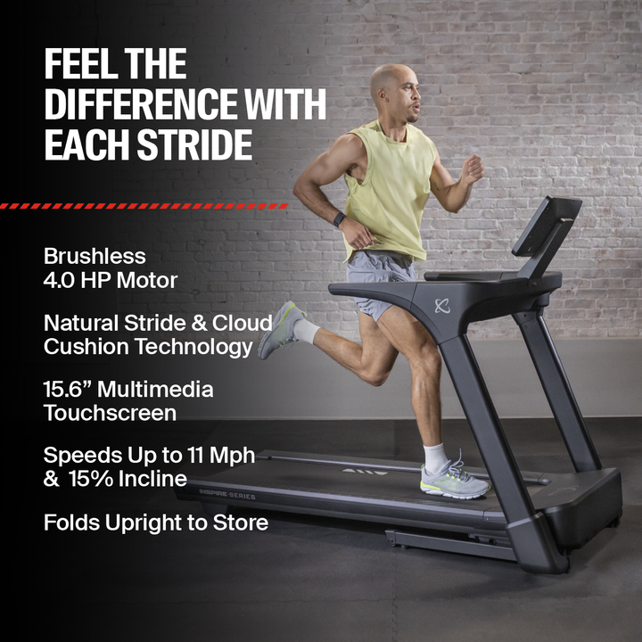 Inspire Centr T5S treadmill features showing touchscreen console, running deck, and design elements for home cardio workouts