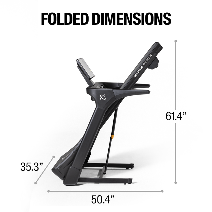 Inspire Centr T5 treadmill folded dimensions diagram showing compact storage size for efficient home gym space planning
