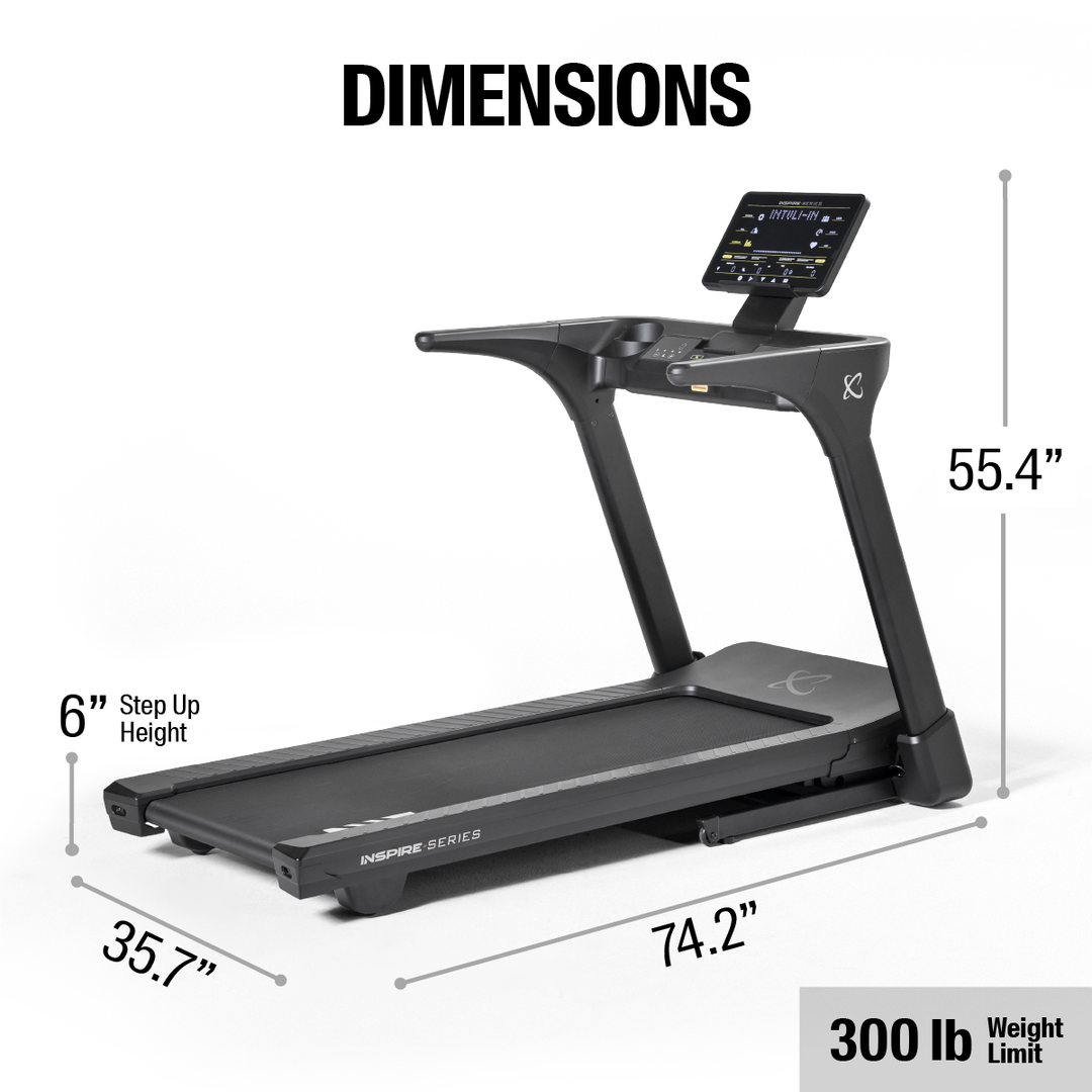 Inspire Centr T5 treadmill dimensions diagram showing length, width, and height for home fitness space planning