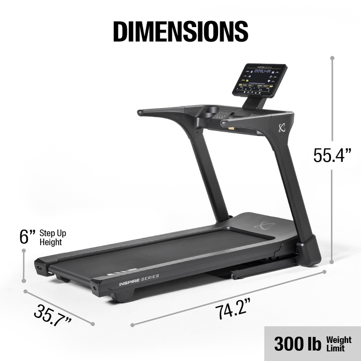 Inspire Centr T5 treadmill dimensions diagram showing length, width, and height for home fitness space planning