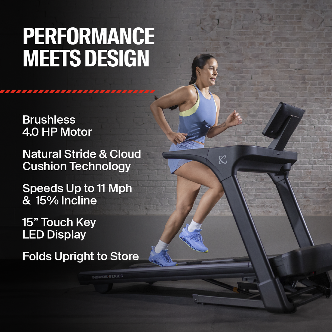 Inspire Centr T5 treadmill features showing console, running deck, and design elements for home cardio workouts