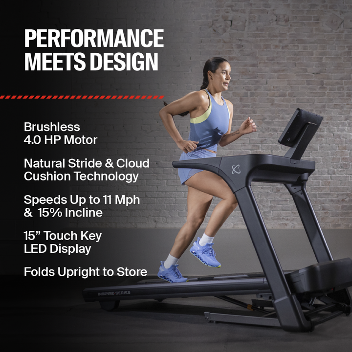 Inspire Centr T5 treadmill features showing console, running deck, and design elements for home cardio workouts