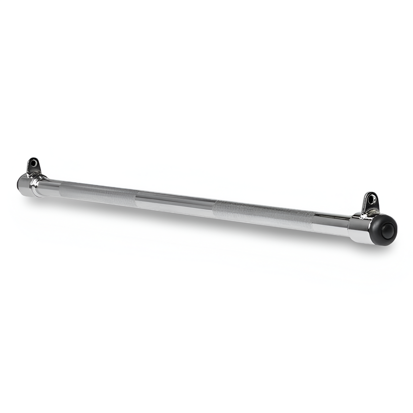 Inspire dual hook straight bar cable attachment with chrome plated finish and knurled grip for strength training