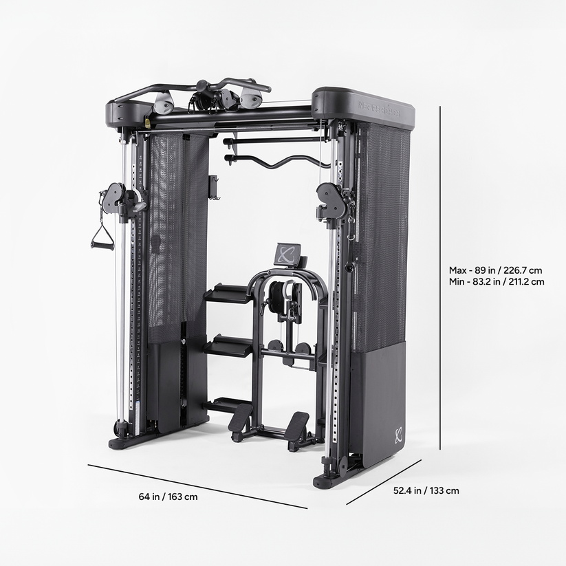 Inspire FT2 Pro Smith functional trainer dimensions diagram showing width, depth, and height for home gym space planning