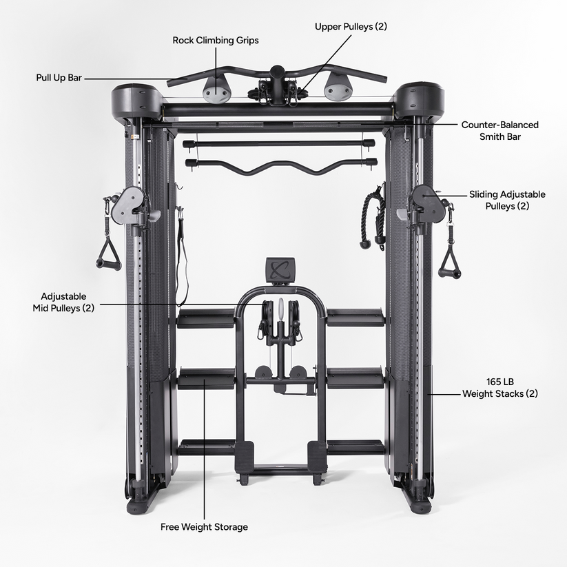 Inspire FT2 Pro Smith functional trainer features showing dual pulleys, Smith bar system, and integrated weight stacks for full body training