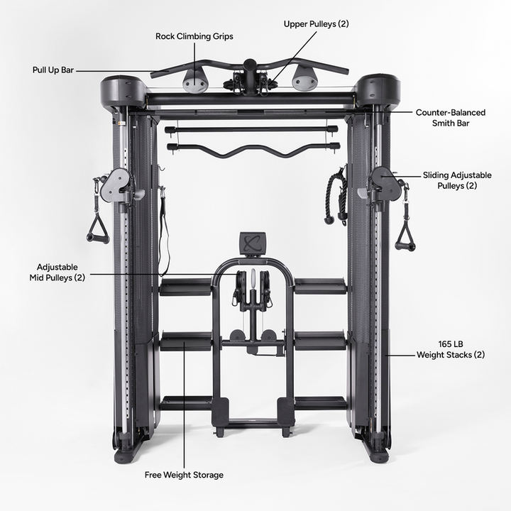 Inspire FT2 Pro Smith functional trainer features showing dual pulleys, Smith bar system, and integrated weight stacks for full body training