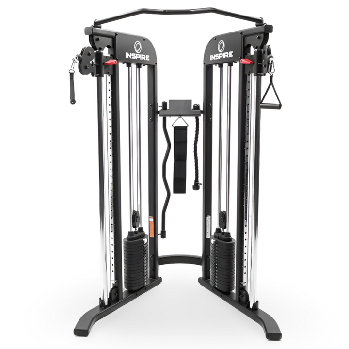 Inspire Fitness FTX functional trainer front view with dual weight stacks, adjustable pulleys, and pull-up bar