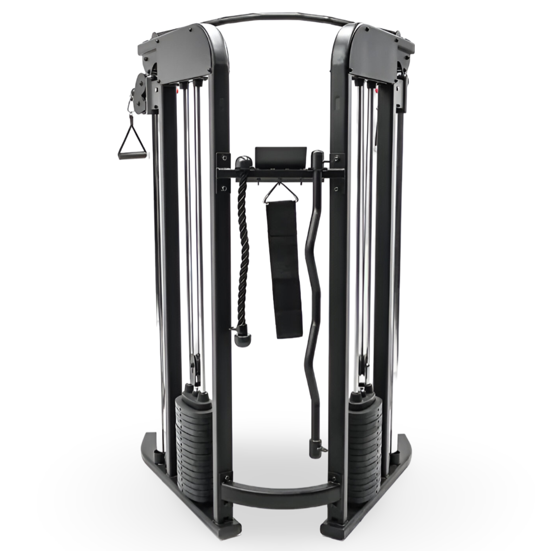 Rear view of Inspire Fitness FTX functional trainer showing its compact frame and cable system