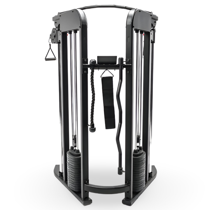 Rear view of Inspire Fitness FTX functional trainer showing its compact frame and cable system