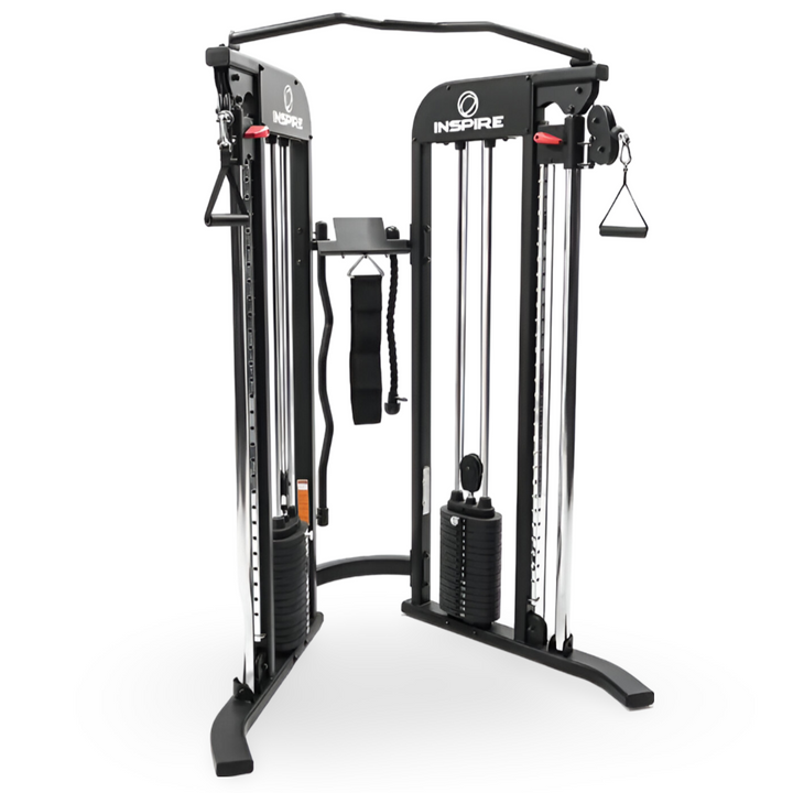 Side view of Inspire Fitness FTX functional trainer with dual weight stacks and adjustable cable pulleys