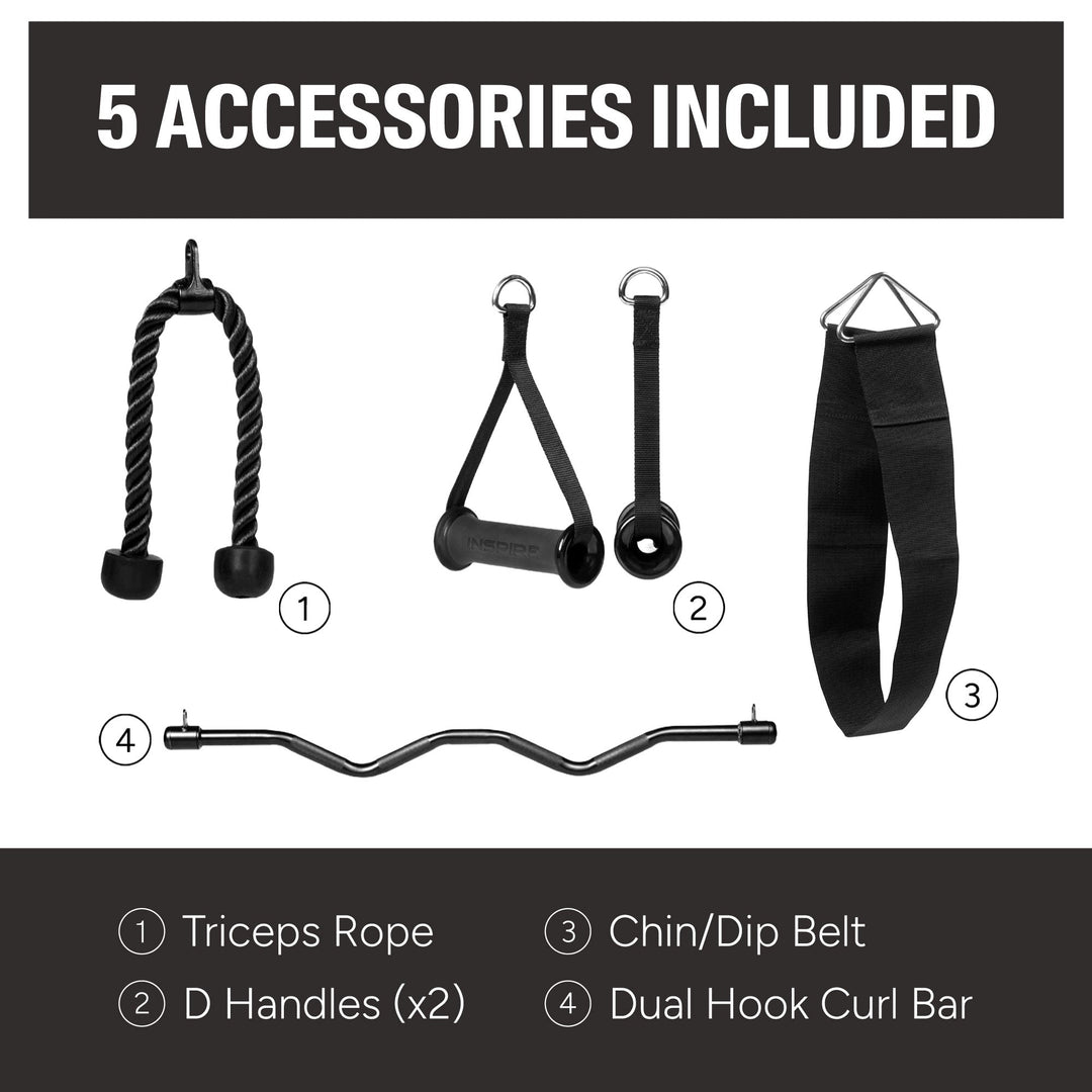 Five Inspire Fitness FTX accessories including triceps rope, D handles, curl bar, and chin/dip belt