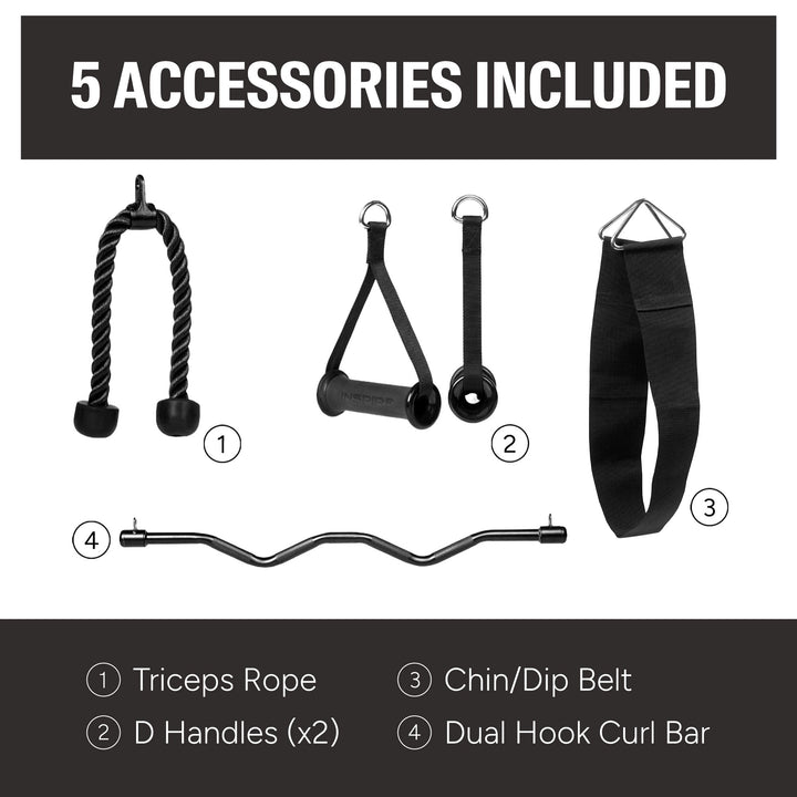 Five Inspire Fitness FTX accessories including triceps rope, D handles, curl bar, and chin/dip belt