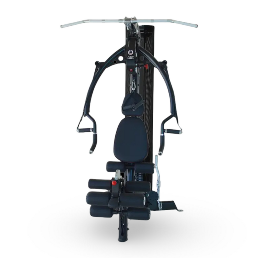 Front view of Inspire M2 multi gym showing press arms, seat, and leg developer for full body strength training