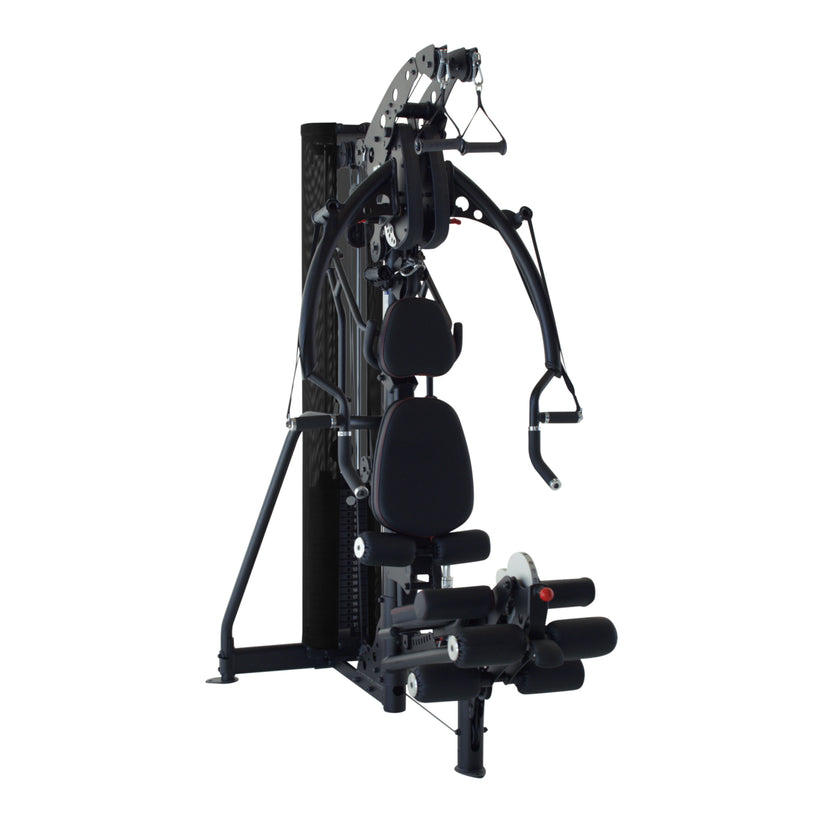 Inspire M3 multi gym front angle view showing press arms, seat, leg developer, and weight stack for versatile home strength training