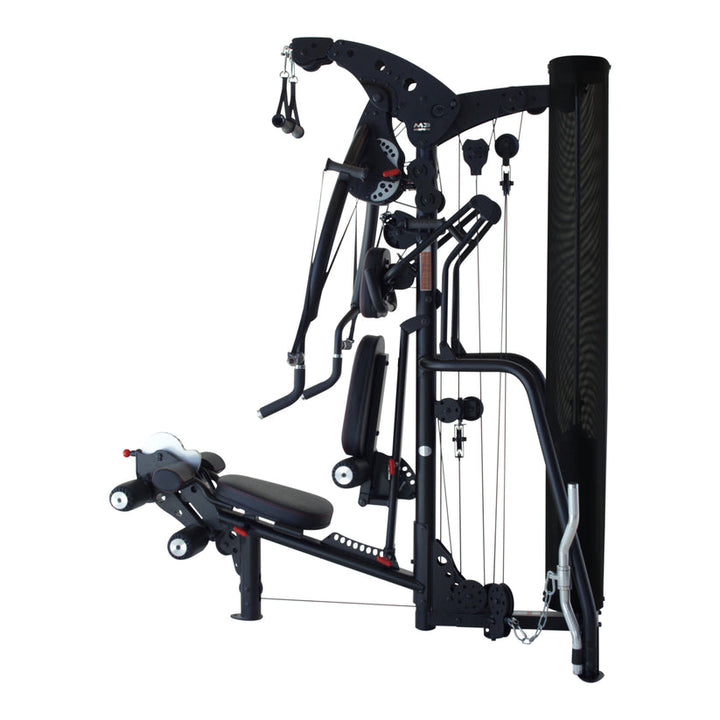 Side profile of Inspire M3 multi gym showing leg press attachment, cable system, and weight stack for comprehensive home strength training