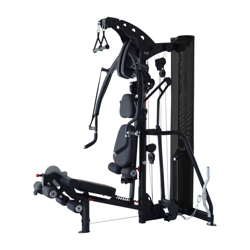 Inspire M3 multi gym with leg press attachment, dual function arms, and weight stack for versatile full body strength training at home