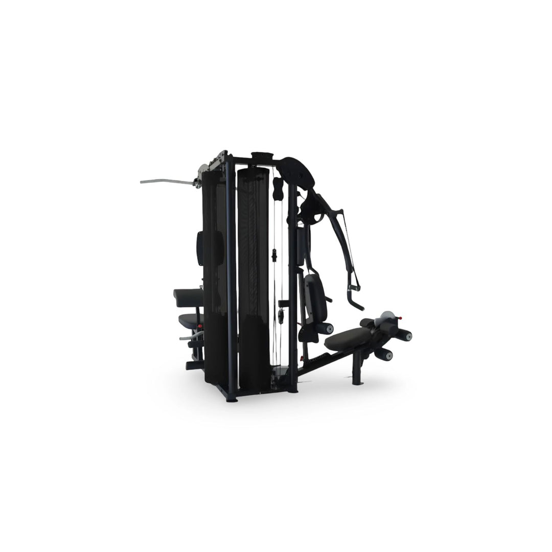 Rear angle view of Inspire M5 multi gym showing dual weight stacks and cable system for full body workouts