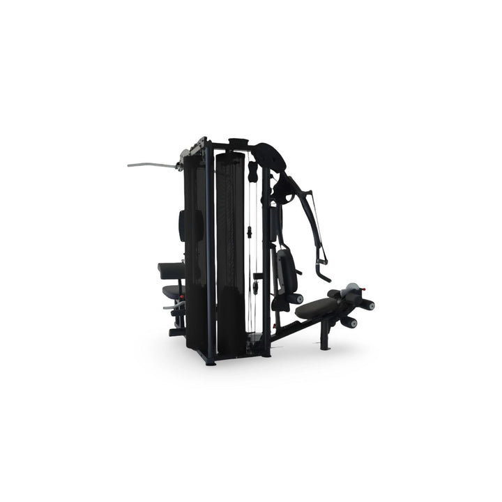 Rear angle view of Inspire M5 multi gym showing dual weight stacks and cable system for full body workouts