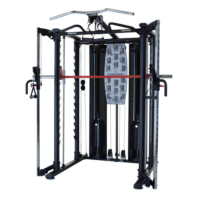 Inspire SCS Smith Cage System featuring integrated Smith bar, dual weight stacks, cable pulleys, and pull-up bar for full body strength training