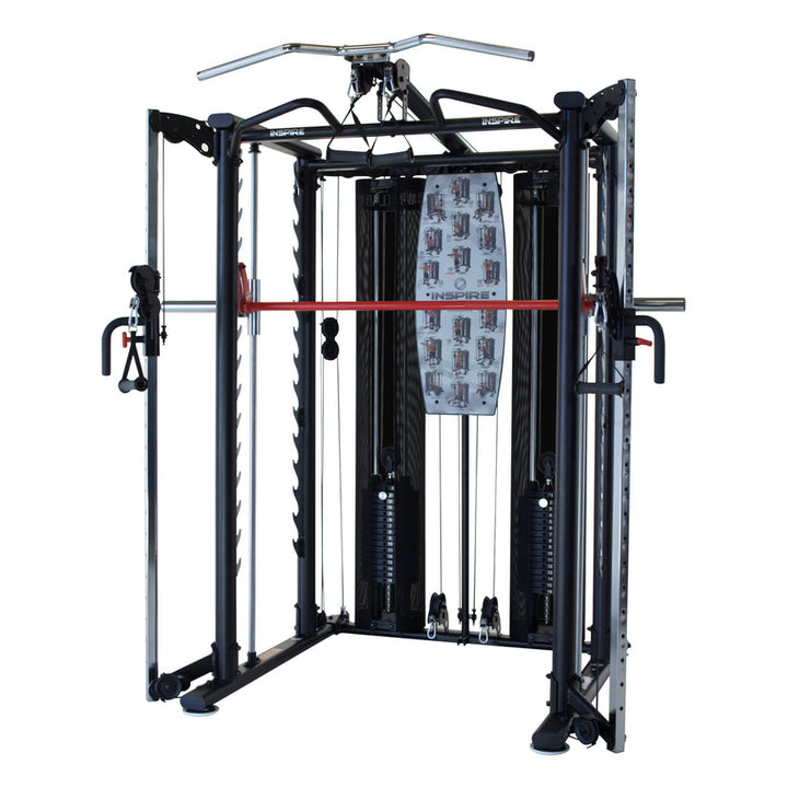 Inspire SCS Smith Cage System featuring integrated Smith bar, dual weight stacks, cable pulleys, and pull-up bar for full body strength training