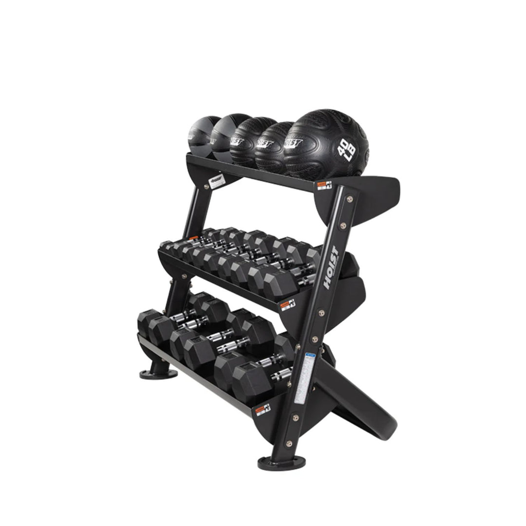 multi tier rack storing kettlebells on top and dumbbells below for organized gym setup