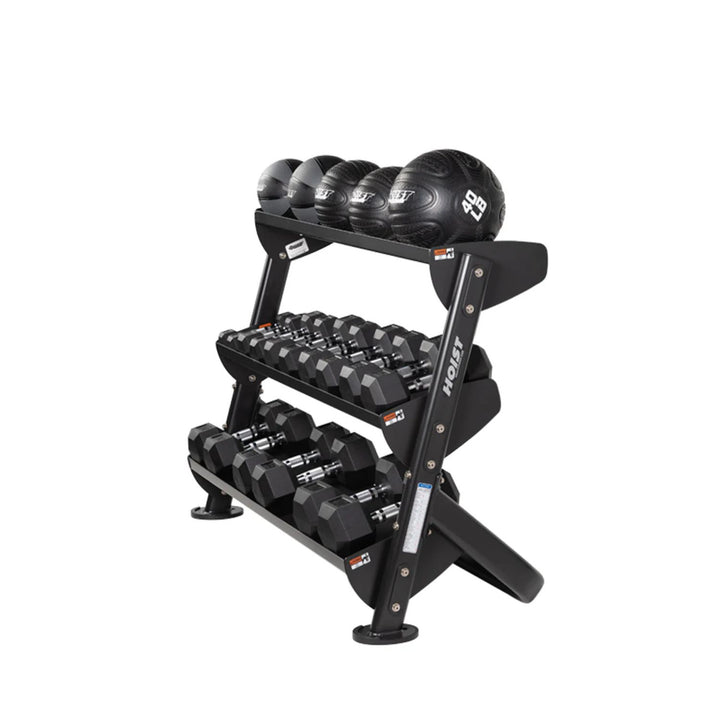 multi tier rack storing kettlebells on top and dumbbells below for organized gym setup