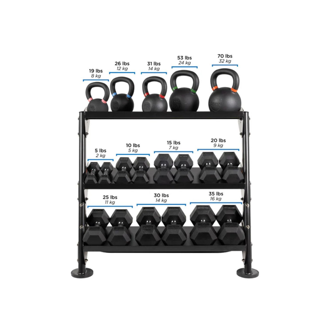 multi tier rack holding kettlebells on top and dumbbells below for organized gym storage