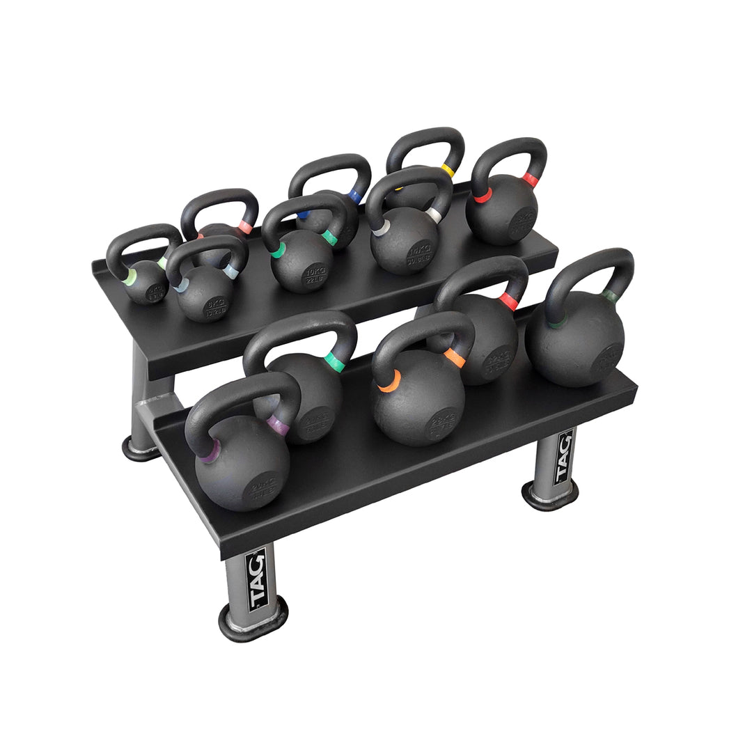 Black powder coated kettlebells arranged on a multi-tier storage rack
