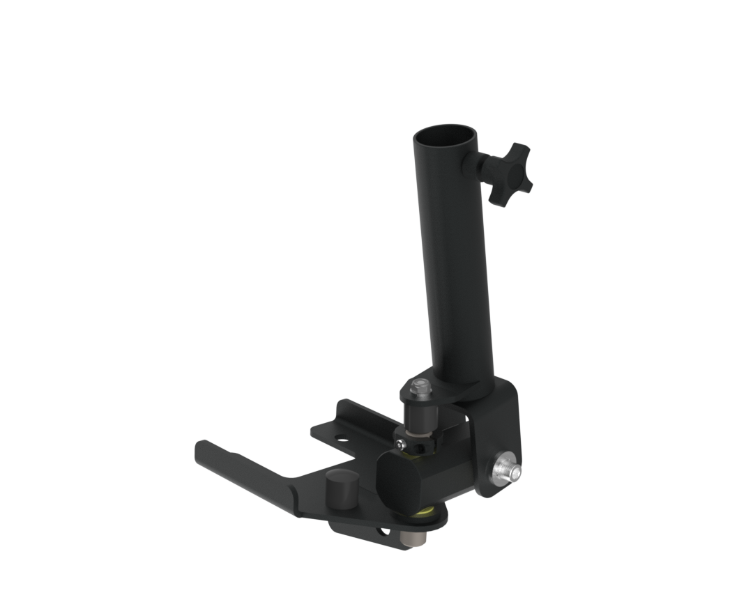 Side view of the Defiant Strength landmine attachment showing the pivot tube and mounting bracket.
