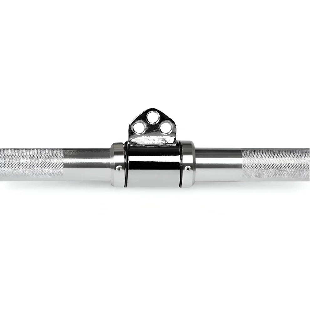 close-up of lat pulldown bar center swivel and knurled grip detailing for secure cable attachment