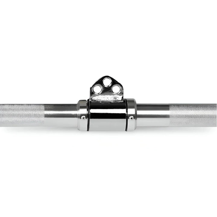 close-up of lat pulldown bar center swivel and knurled grip detailing for secure cable attachment