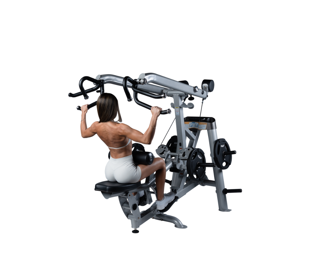 user pulling handles downward on lat pulldown machine demonstrating proper back contraction and form