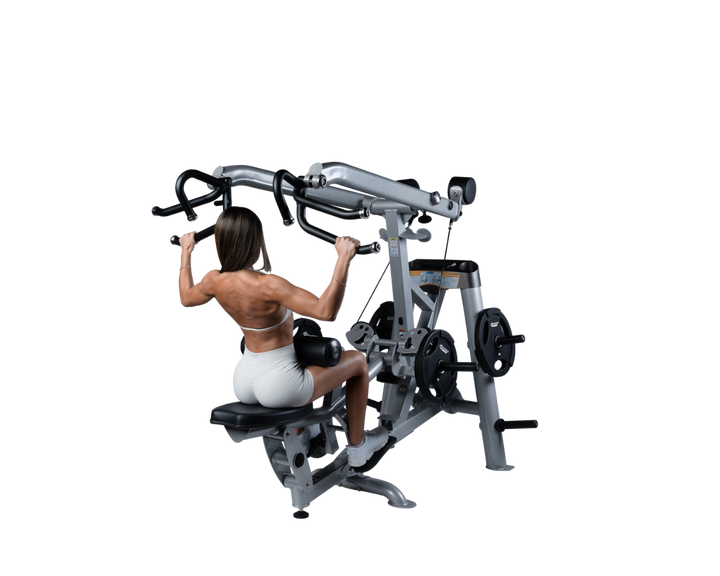user pulling handles downward on lat pulldown machine demonstrating proper back contraction and form