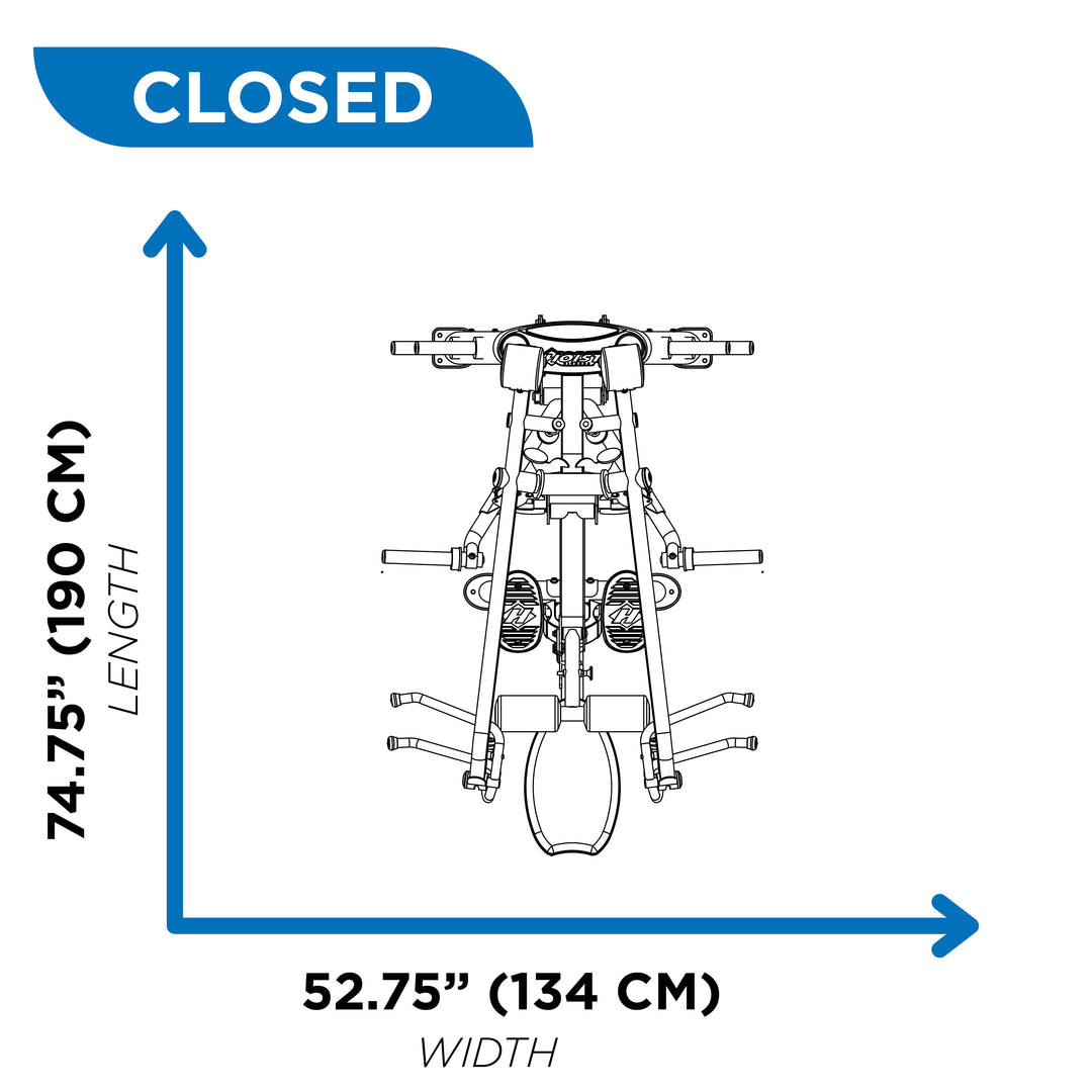 overhead diagram showing closed footprint of lat pulldown machine at 74.75 inch length and 52.75 inch width