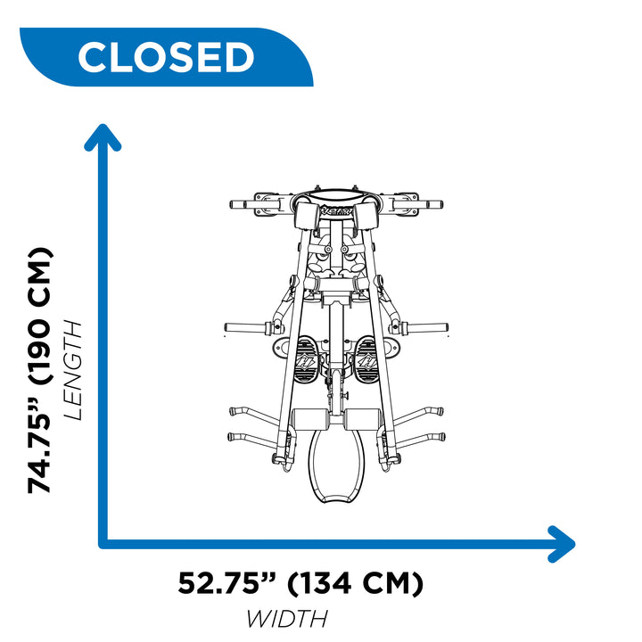 overhead diagram showing closed footprint of lat pulldown machine at 74.75 inch length and 52.75 inch width
