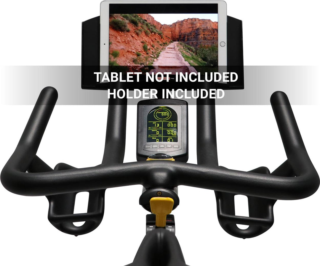 integrated tablet holder on LeMond Series Elite Cycling Bike designed for interactive cycling workouts and entertainment