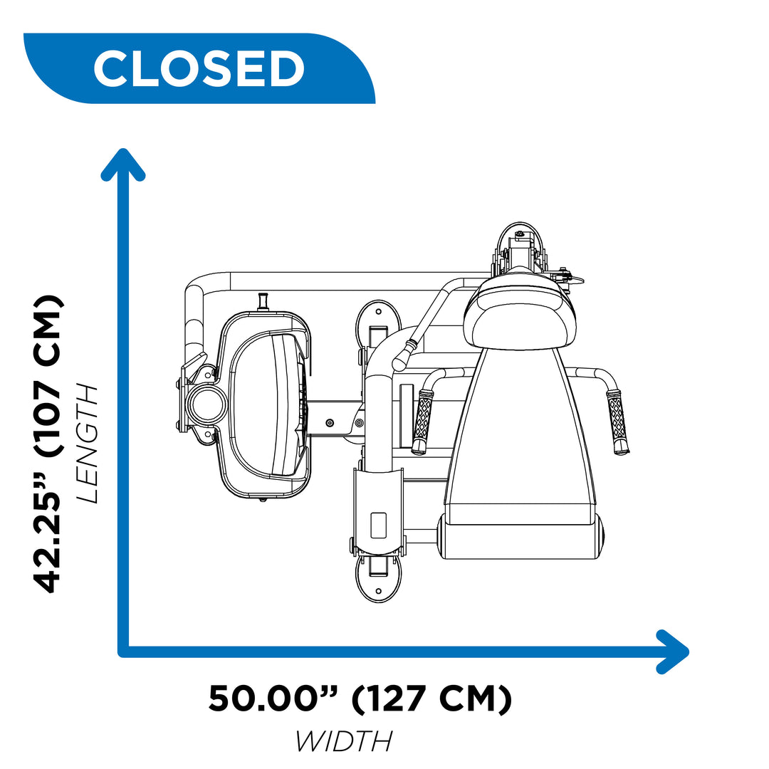 overhead diagram showing closed footprint of leg extension machine at 42.25 inch length and 50.00 inch width