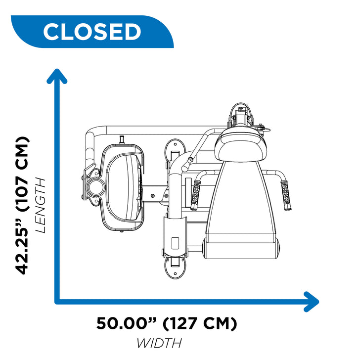 overhead diagram showing closed footprint of leg extension machine at 42.25 inch length and 50.00 inch width