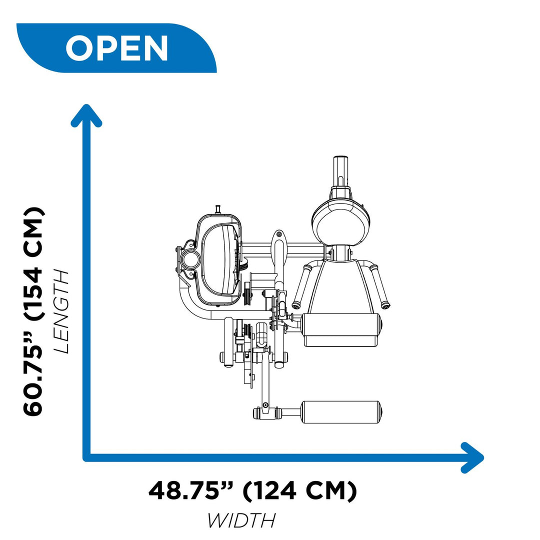 diagram showing leg extension and leg curl machine dimensions in open position