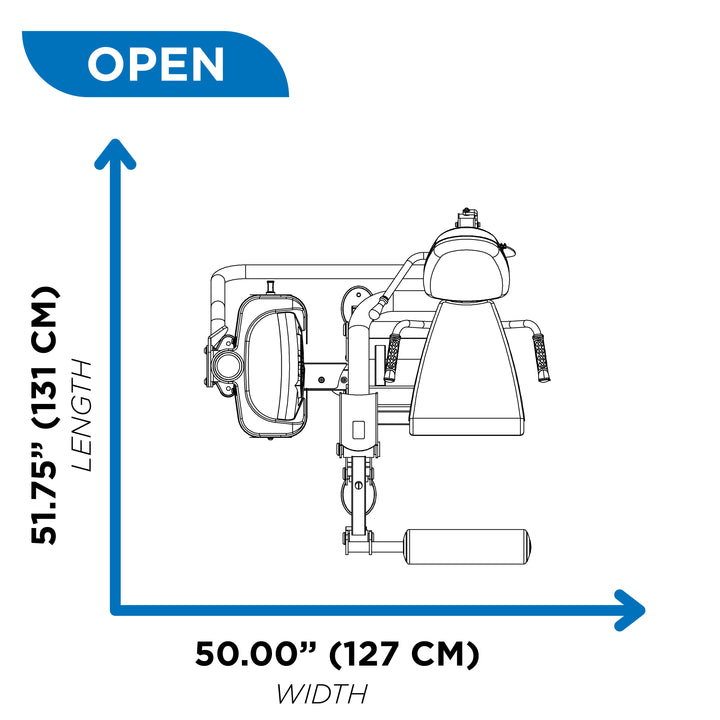 overhead diagram showing open footprint of leg extension machine at 51.75 inch length and 50.00 inch width