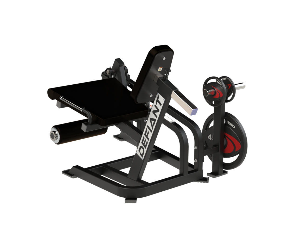 Defiant Strength leg extension machine loaded with Olympic weight plates.