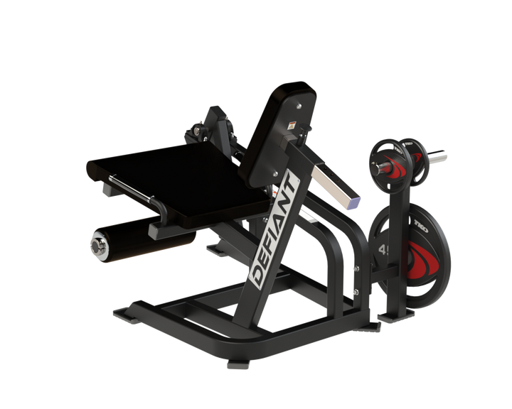 Defiant Strength leg extension machine loaded with Olympic weight plates.