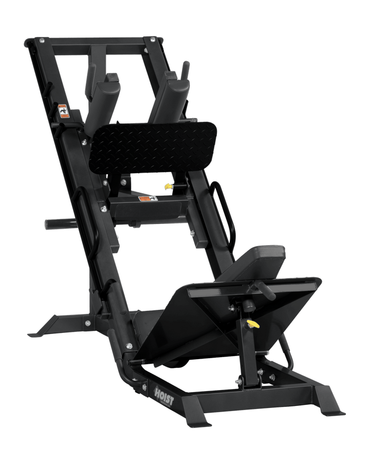 Leg press hack combo machine rear frame and footplate detail for lower body strength training and equipment setup